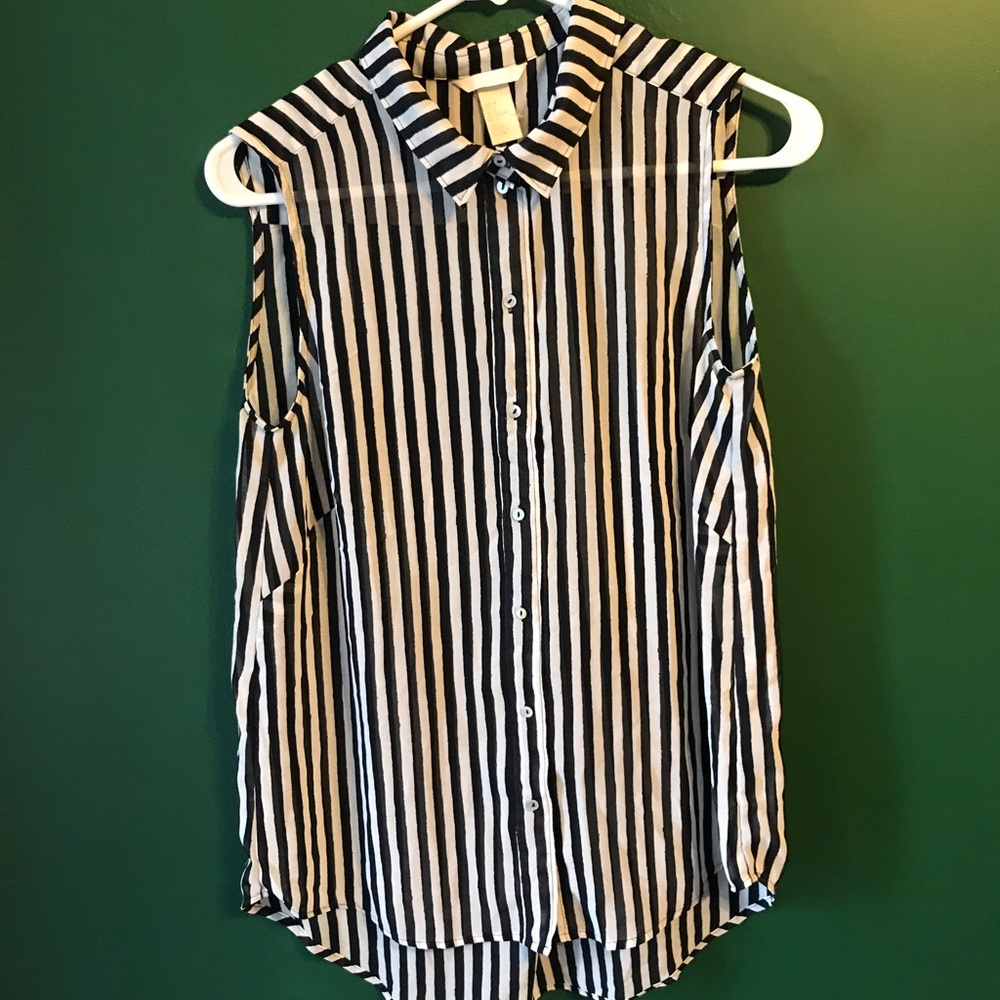 Black & White Striped Sheer Sleeveless Button-up